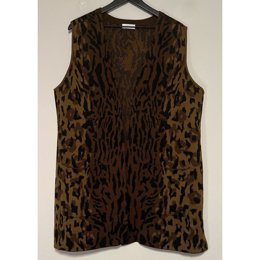 Susan Graver Sweater Vest Large Leopard Print Jacquard Open Front